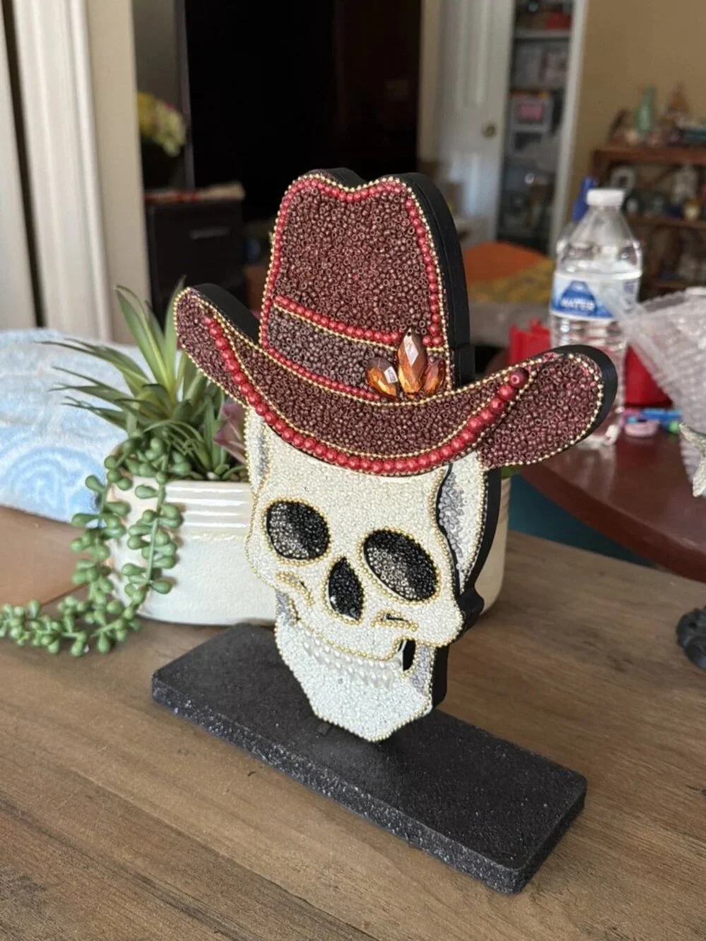 Embellished Beaded Skull Wearing A Cowboy Hat - Tabletop Figurine - India